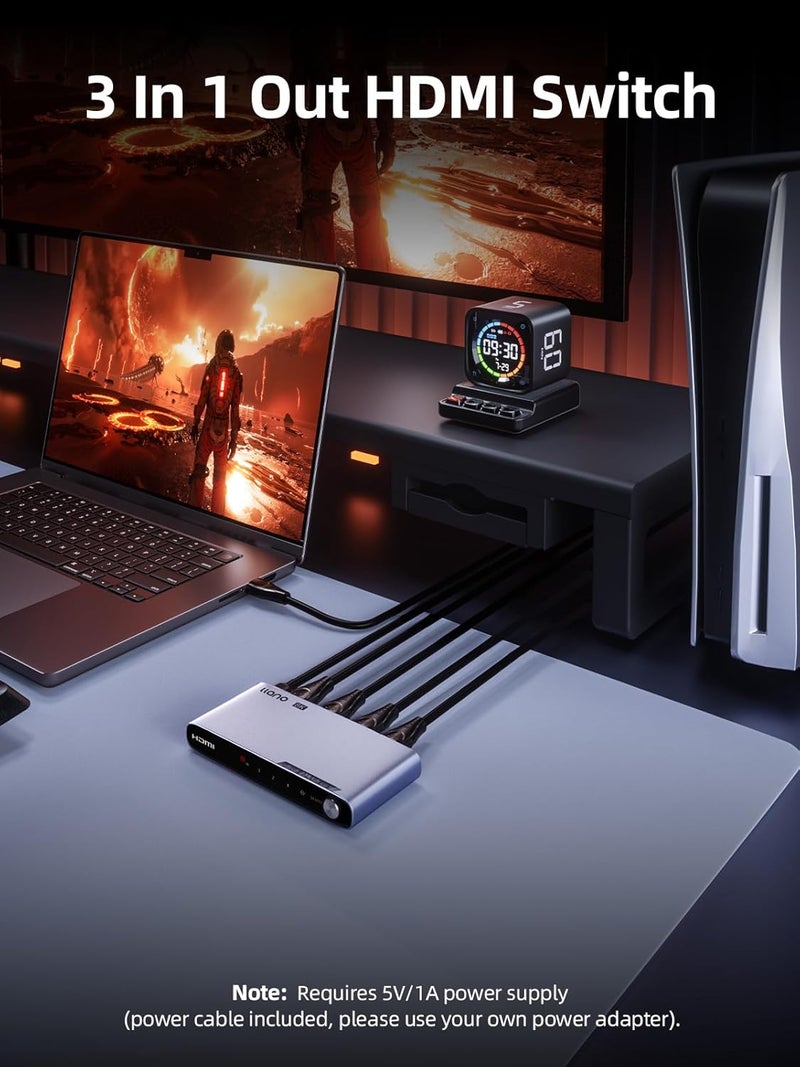 llano HDMI 2.1 Switch 3 in 1 Out, 8K@60Hz with Remote, 4K@120Hz/240Hz, VRR, HDR10+, Dolby Atmos, CEC, 48Gbps,HDMI Switcher for PS5, Xbox, Switch, Roku, Fire Stick, Apple TV, Aluminum Alloy Case - Image 2